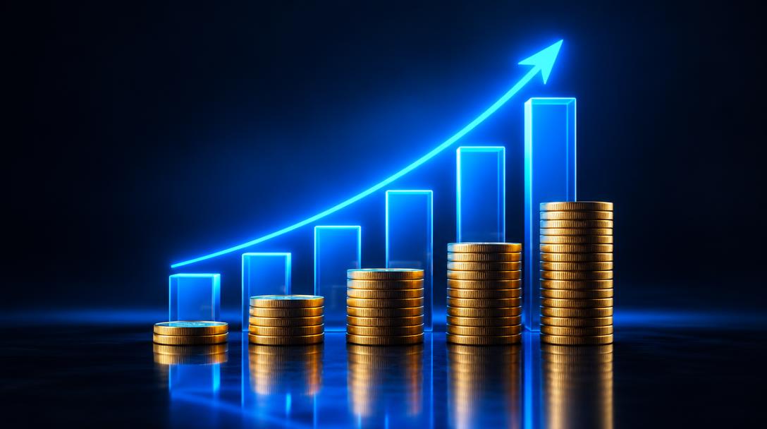 Gráfico de barras em crescimento com moedas de ouro